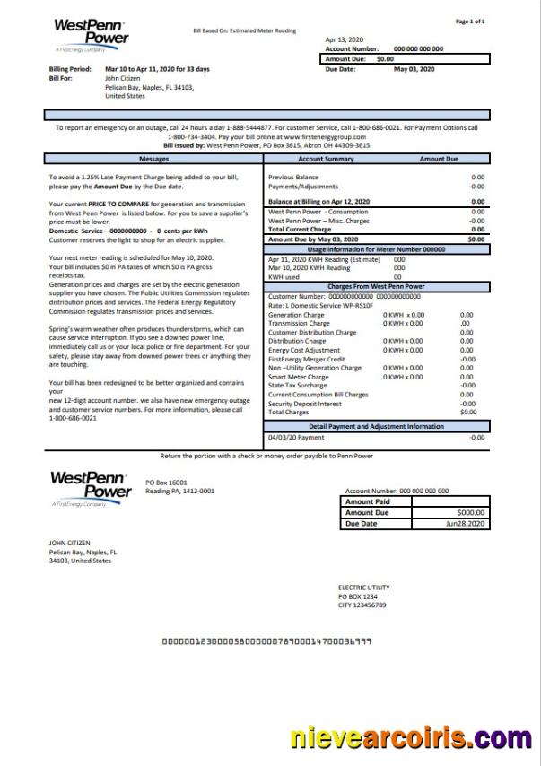 USA Pennsylvania West Penn Power utility bill